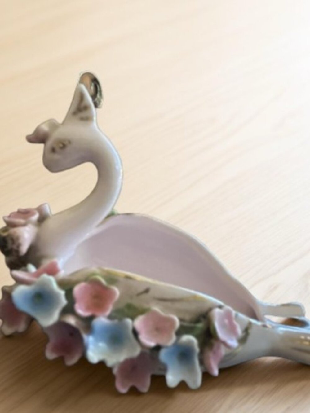 Japan Vintage Porcelain Swan Trinket Dish Planter Gold Trim 3D Pink Blue